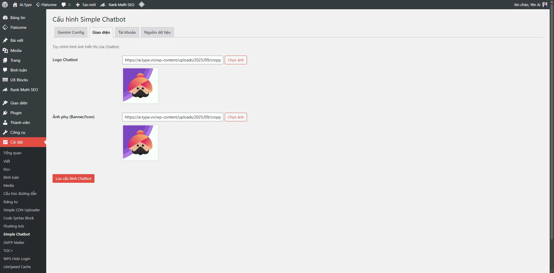 Màn hình cấu hình Simple Chatbot Plugin