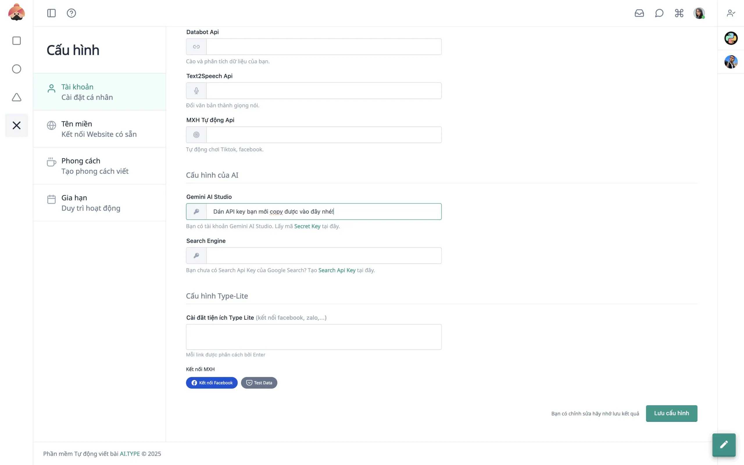 dán API key mà bạn vừa sao chép vào Gemini AI Studio