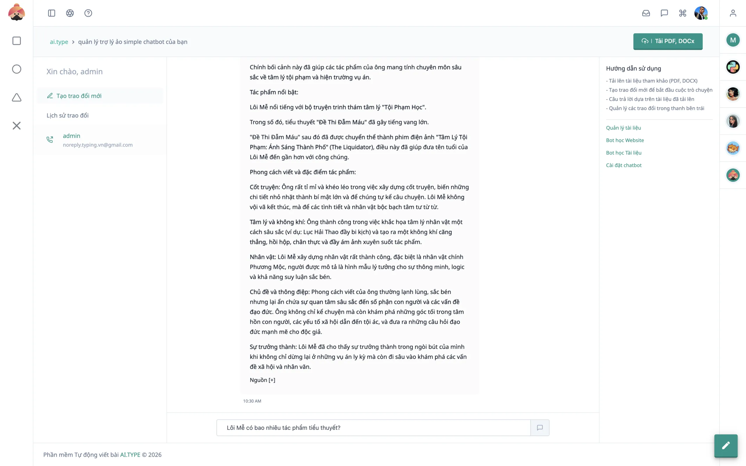 Màn hình Chatbot trong phần mềm AI Type